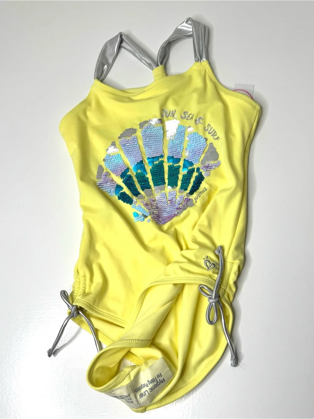 Justice Girls Yellow One-Piece Swimsuit with Silver Shell Accent